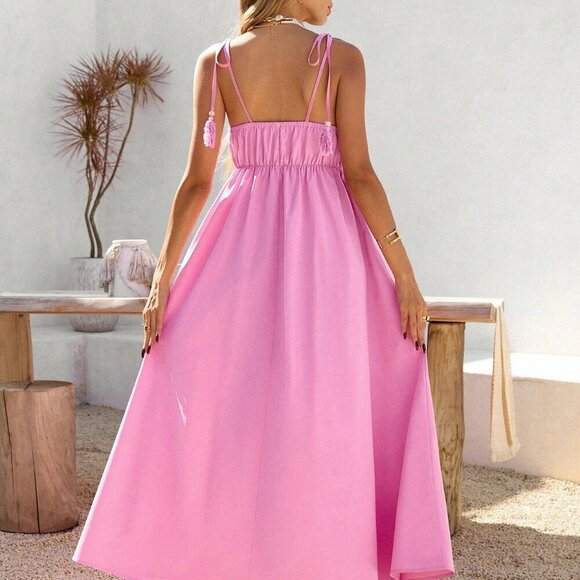Pink Boho Women's Crochet Splice Spaghetti Strap Maxi Dress - Picture 3 of 7